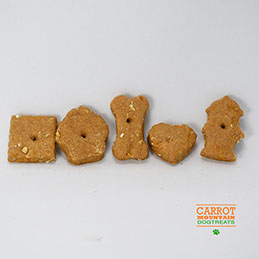 small dog treats in everyday shapes: square, dog paw, bone, heart, fire hydrant